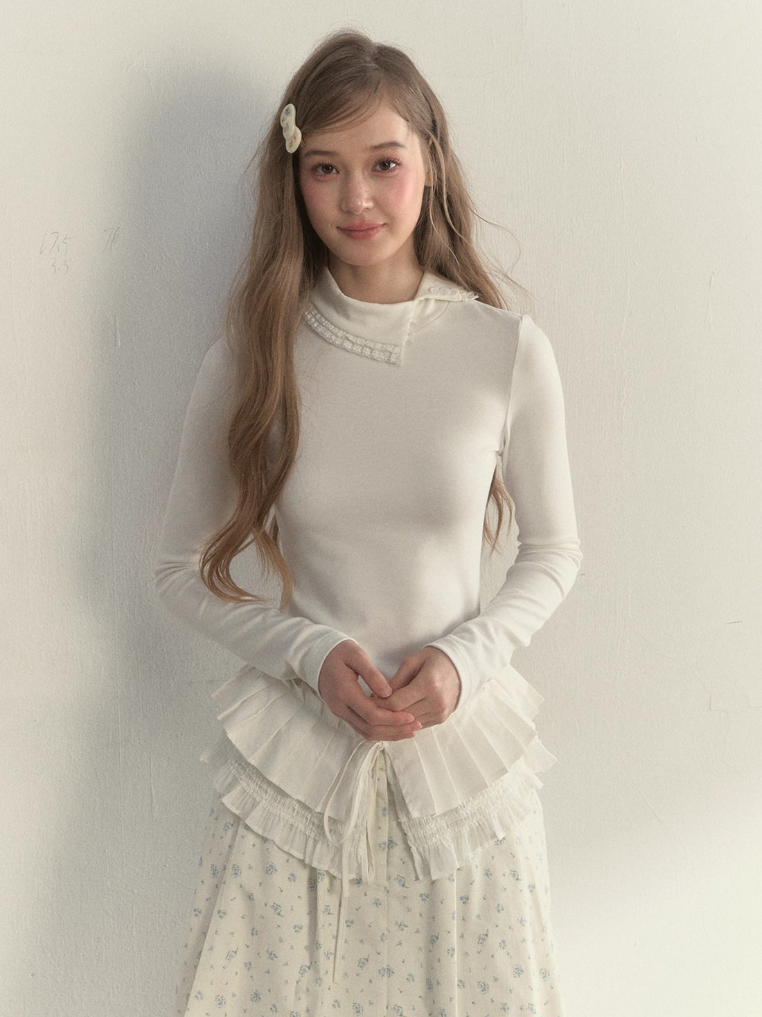 Layered Pleated Mock-Neck Knit T-Shirt