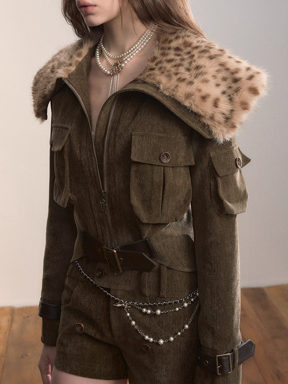 Leopard Faux Fur Collar Belted Puffer Jacket