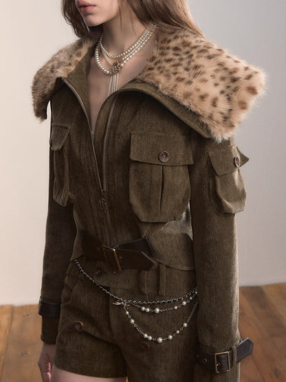 Leopard Faux Fur Collar Belted Puffer Jacket