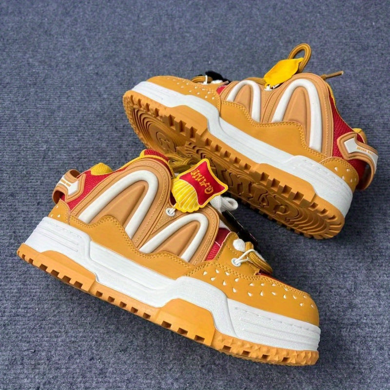 Orange Burger Embroidered Lettering Low-Top Skate Sneakers
