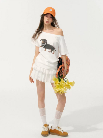 Pearl Embellished Dachshund Off-Shoulder T-Shirt