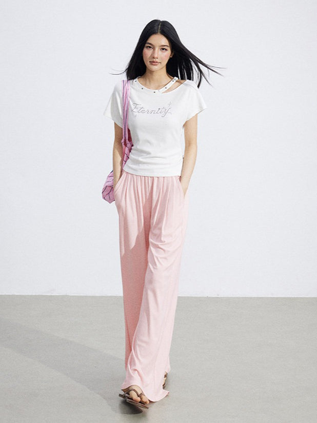 Rhinestone Off-Shoulder Slim-Fit T-Shirt