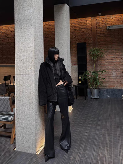 Textured Faux Leather Flared Pants