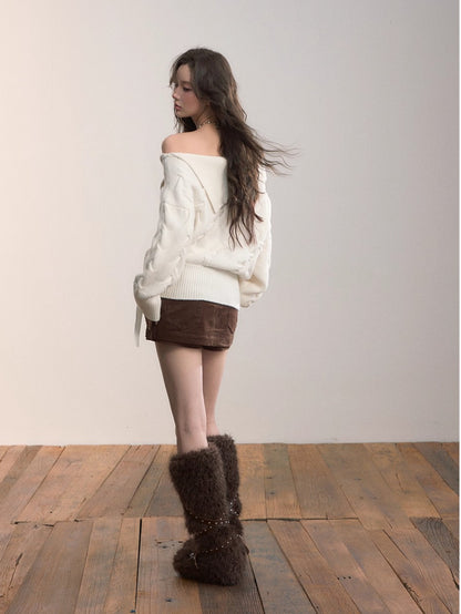 Asymmetric Off-Shoulder Cable Knit Sweater