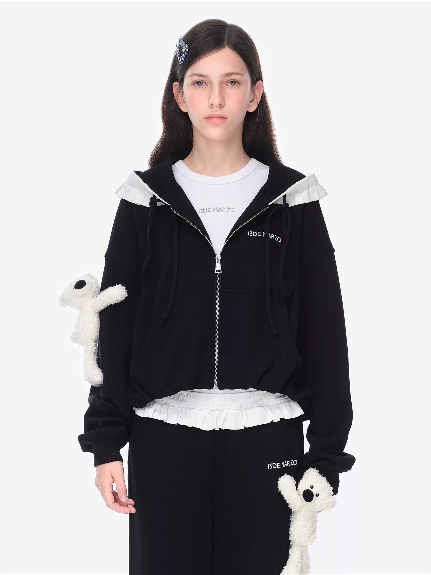 Ruffled Hooded Zip-Up Cropped Sweatshirt