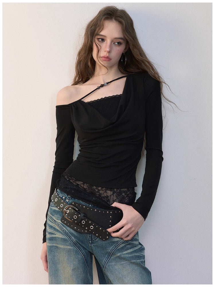 Fake Two-Piece Lace Off-Shoulder Beaded T-Shirt