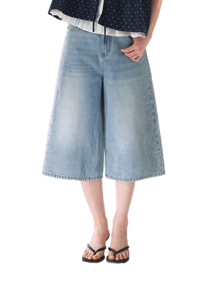 Crystal-Embellished Wide-Leg Cropped Denim Jeans