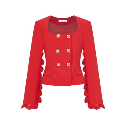 Mirage Vintage Lace-Collar Blazer &amp; Flared Skirt Set