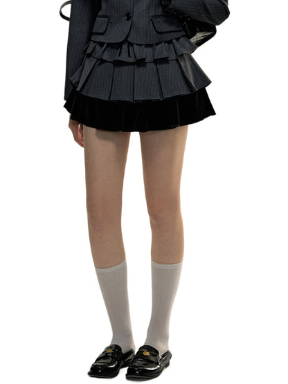 Gray Pleated Double Mini Skirt