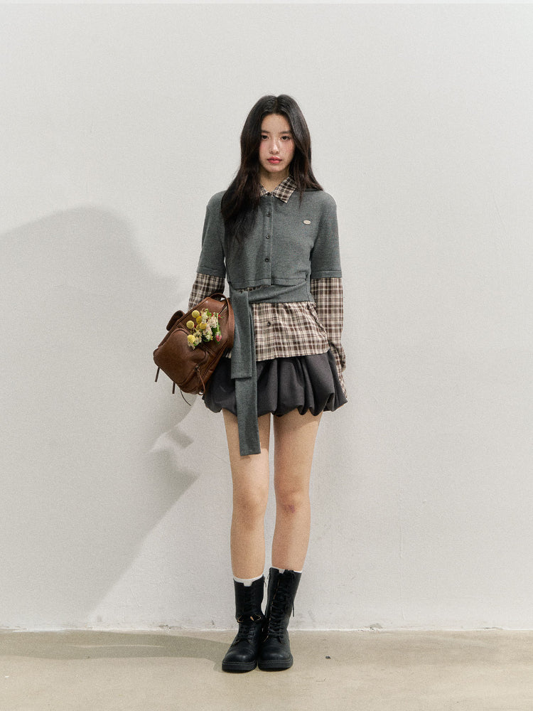College Plaid Fake Two-piece Shirt - CHINASQUAD