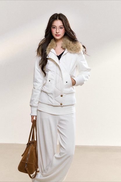White Faux Fur Collar Quilted Short Jacket