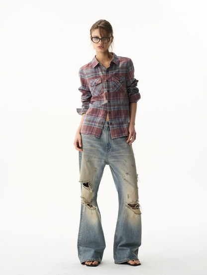 Cropped Embroidered Check Shirt