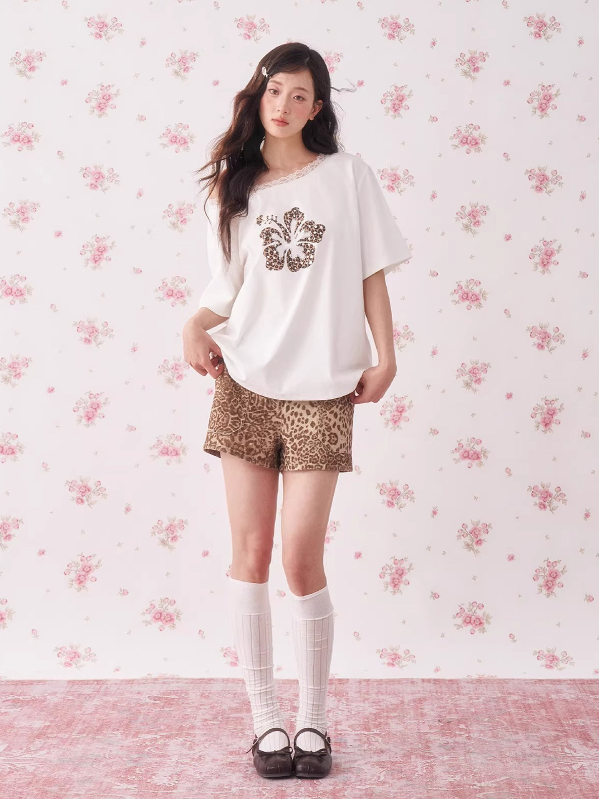 Leopard Rhinestone One-Shoulder T-Shirt
