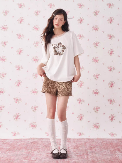 Leopard Rhinestone One-Shoulder T-Shirt