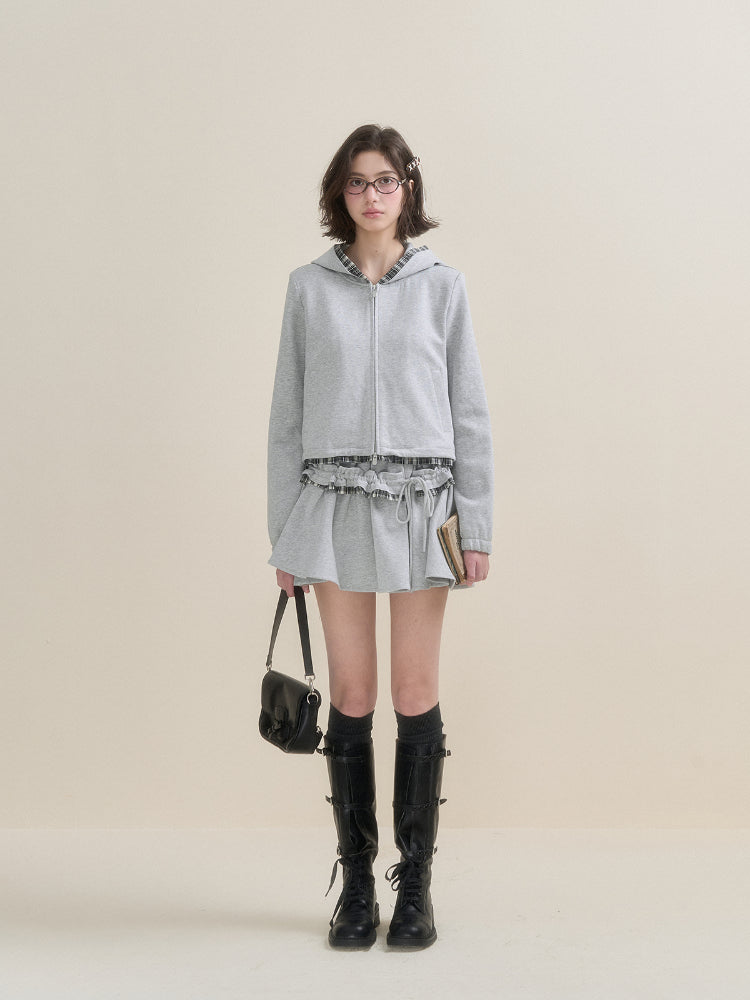 Gray Plaid Spliced Hoodie &amp; Skirt Set