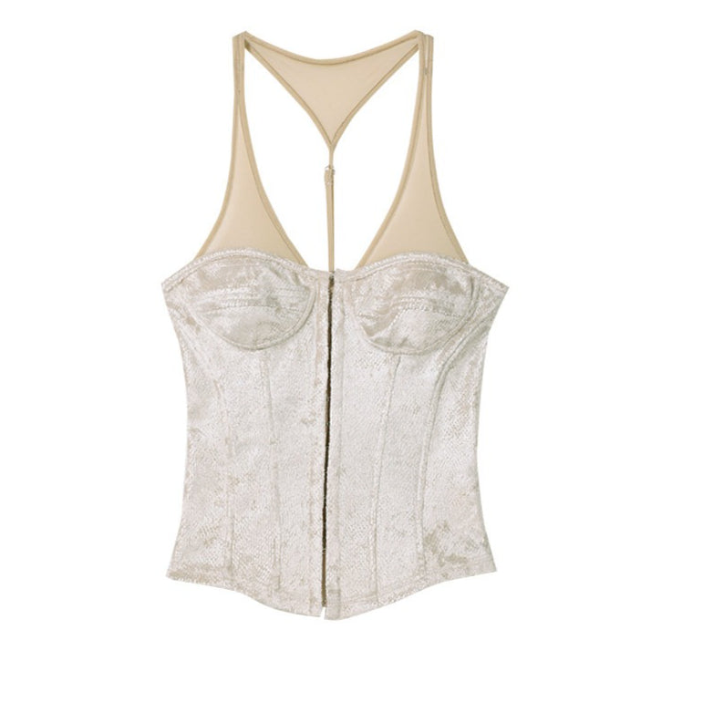 Plaid Mesh Panel Halter Corset