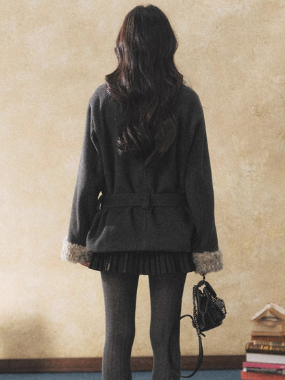 Fur Collar Tie-Waist Wool-Blend Jacket