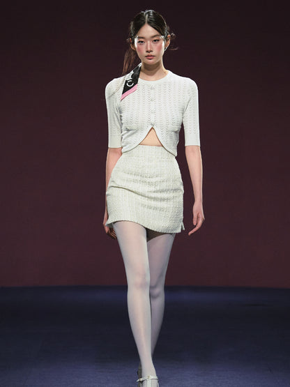 Woolen Knit Cardigan &amp; High-waisted Tweed Skirt Set - CHINASQUAD