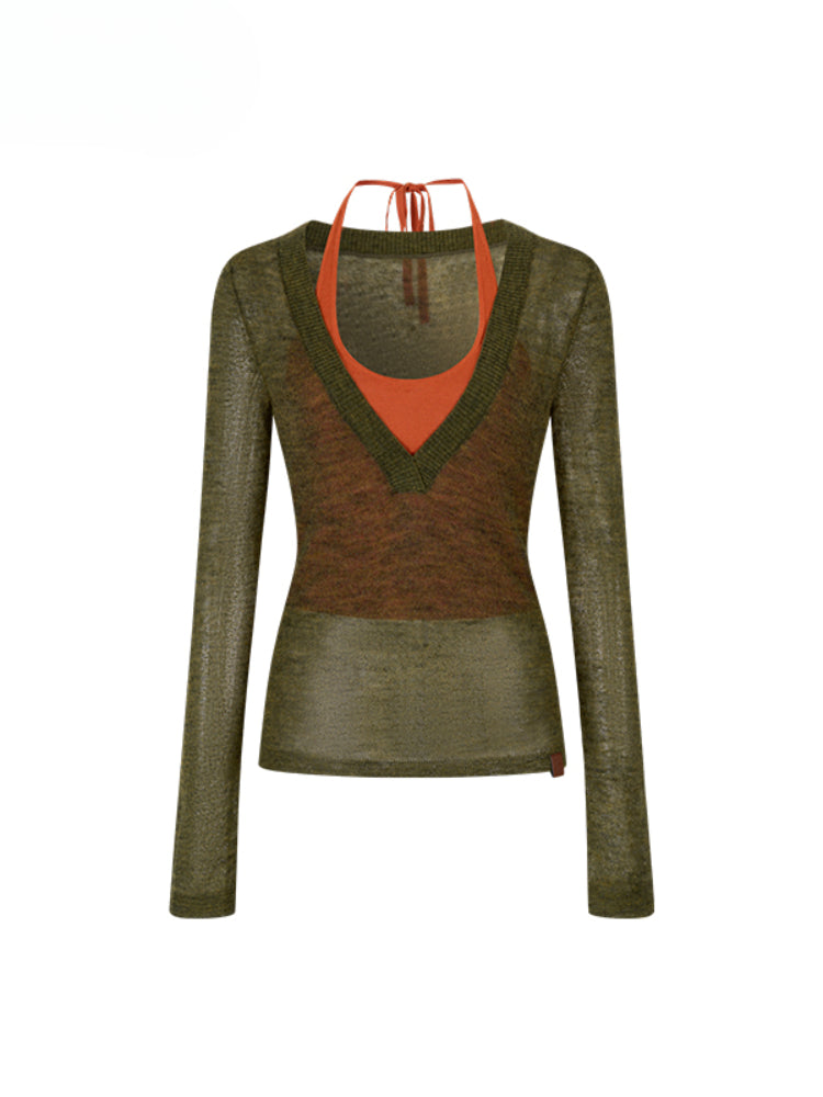 Fake Two-Piece Halter V-Neck Knit Sweater - CHINASQUAD