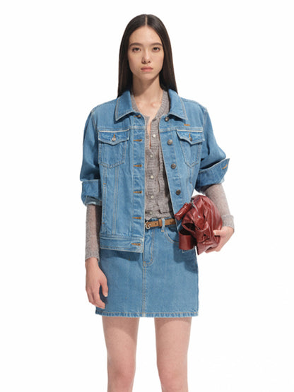 Modern Denim Regular-shoulder Structured Cropped Jacket - CHINASQUAD