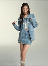 Lace Spliced Denim Jacket & Mini Skirt Set - CHINASQUAD