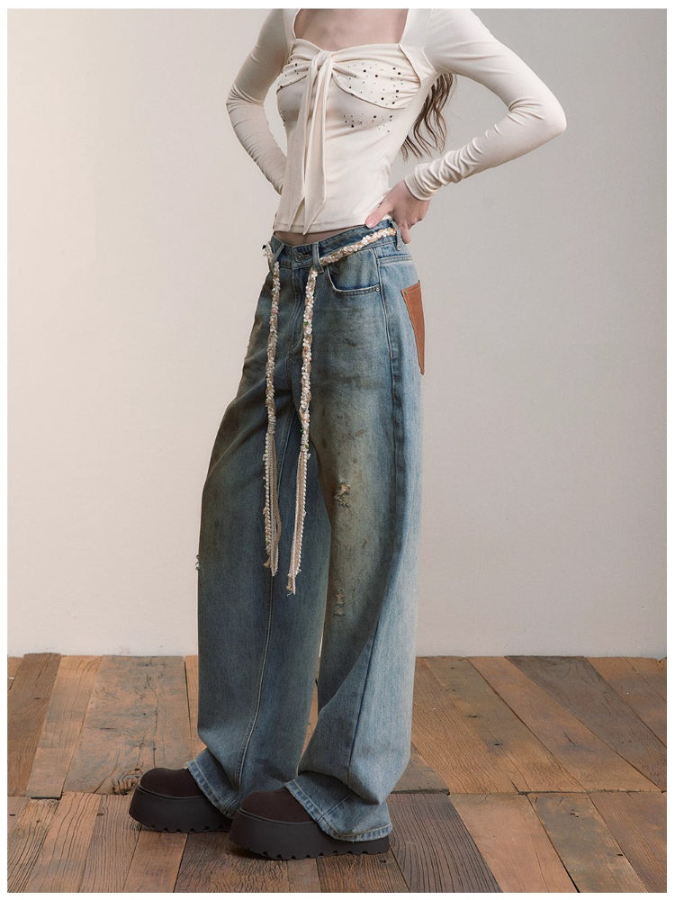 Heavy-Duty Distressed Wide-Leg Jeans - CHINASQUAD