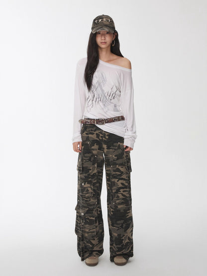 Distressed Star-Studded Camouflage Baseball Cap
