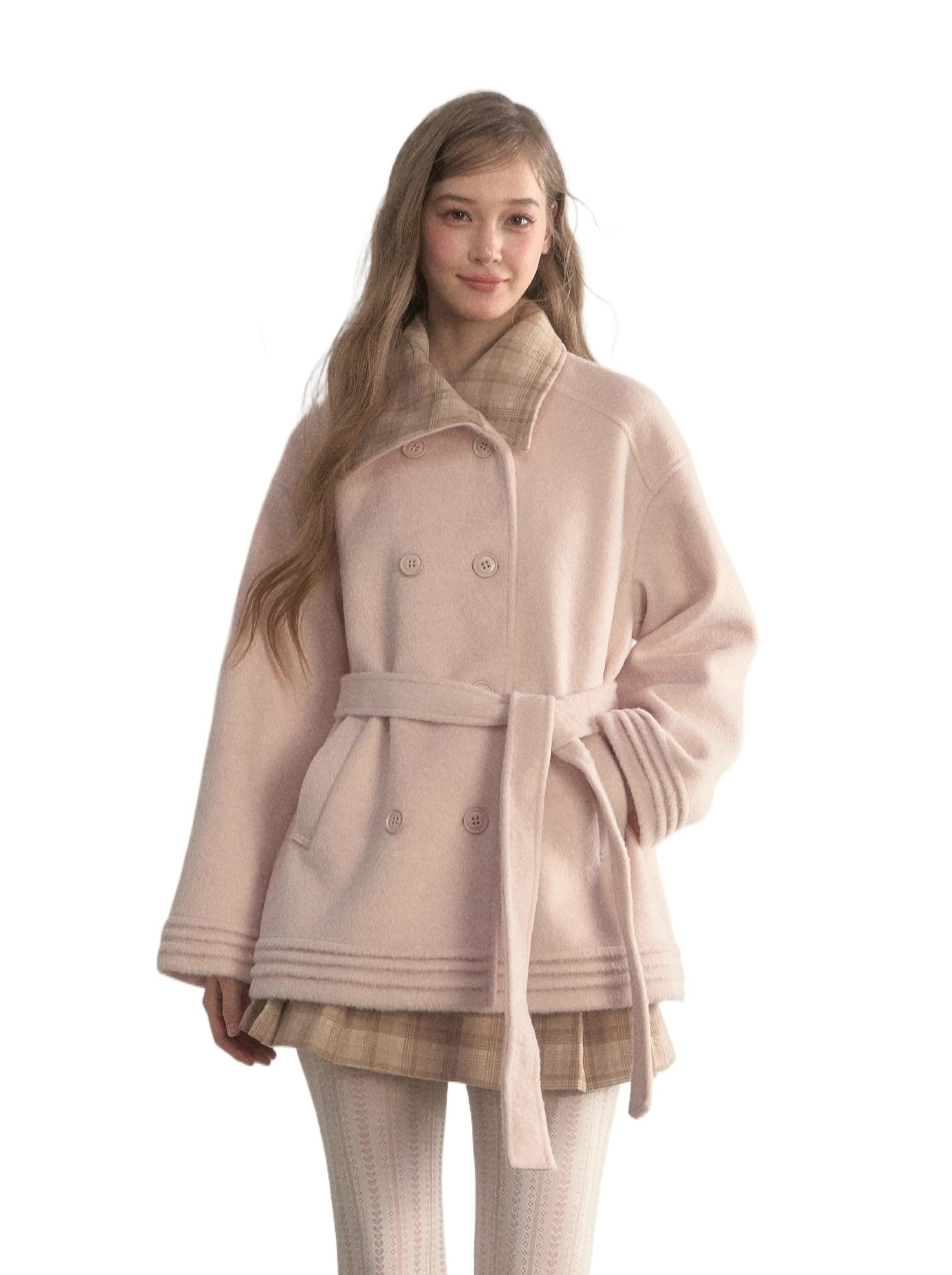 Khaki &amp; Misty Pink Plaid Collar &amp; Belt  Wool Coat