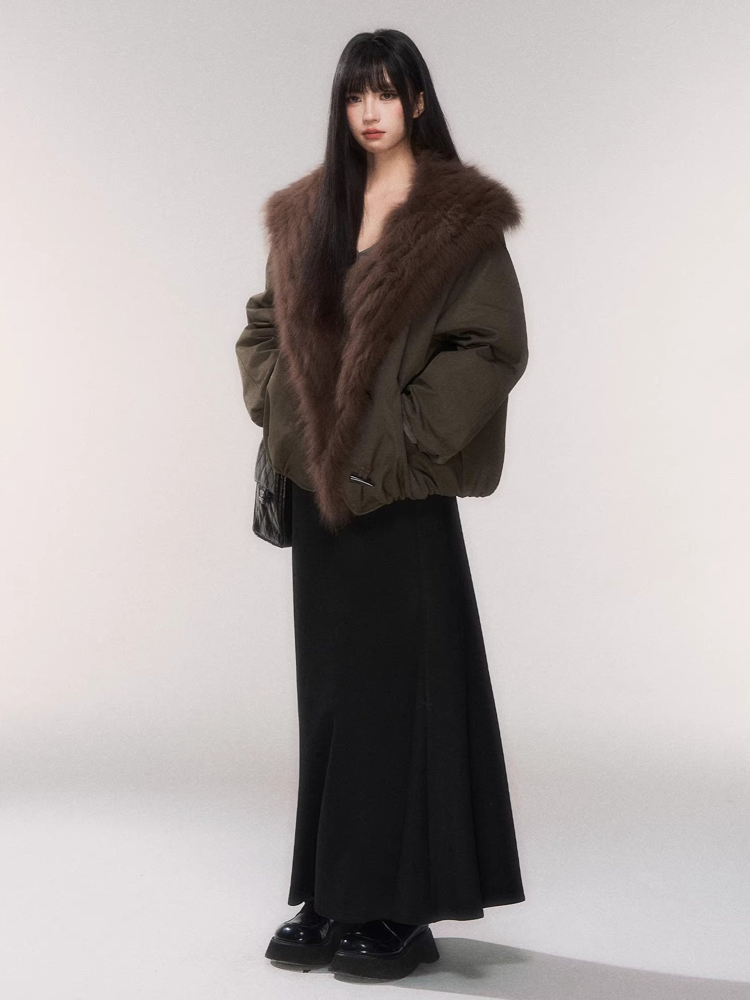 Fur Collar Goose Down Cropped Puffer Jacket