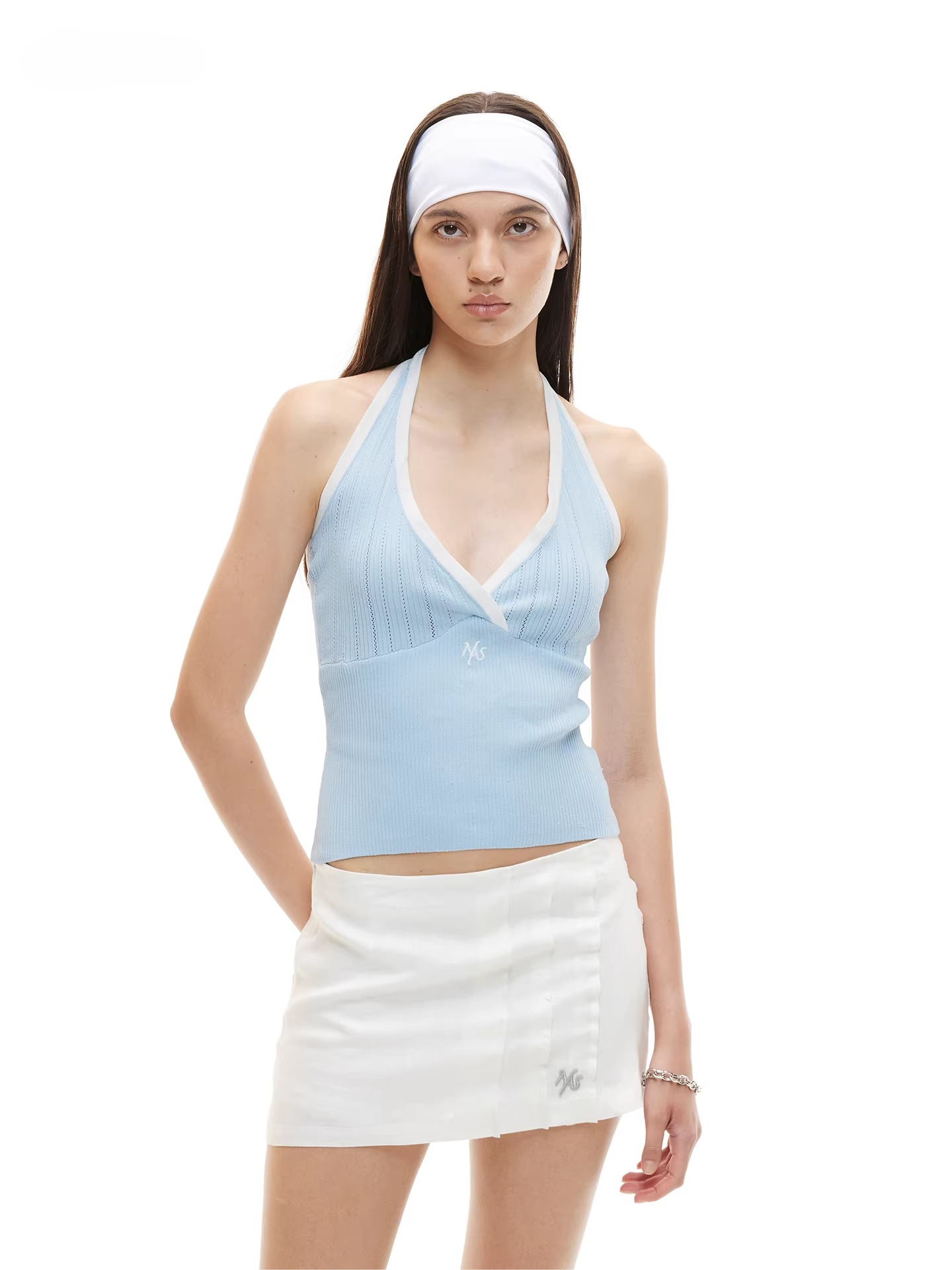 Cross-Pleated Halter Neck Fitted Tank