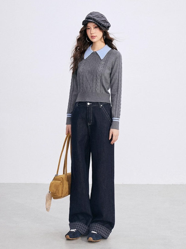 Contrast-Collar Cable-Knit Polo Sweater