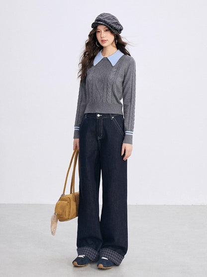 Contrast-Collar Cable-Knit Polo Sweater