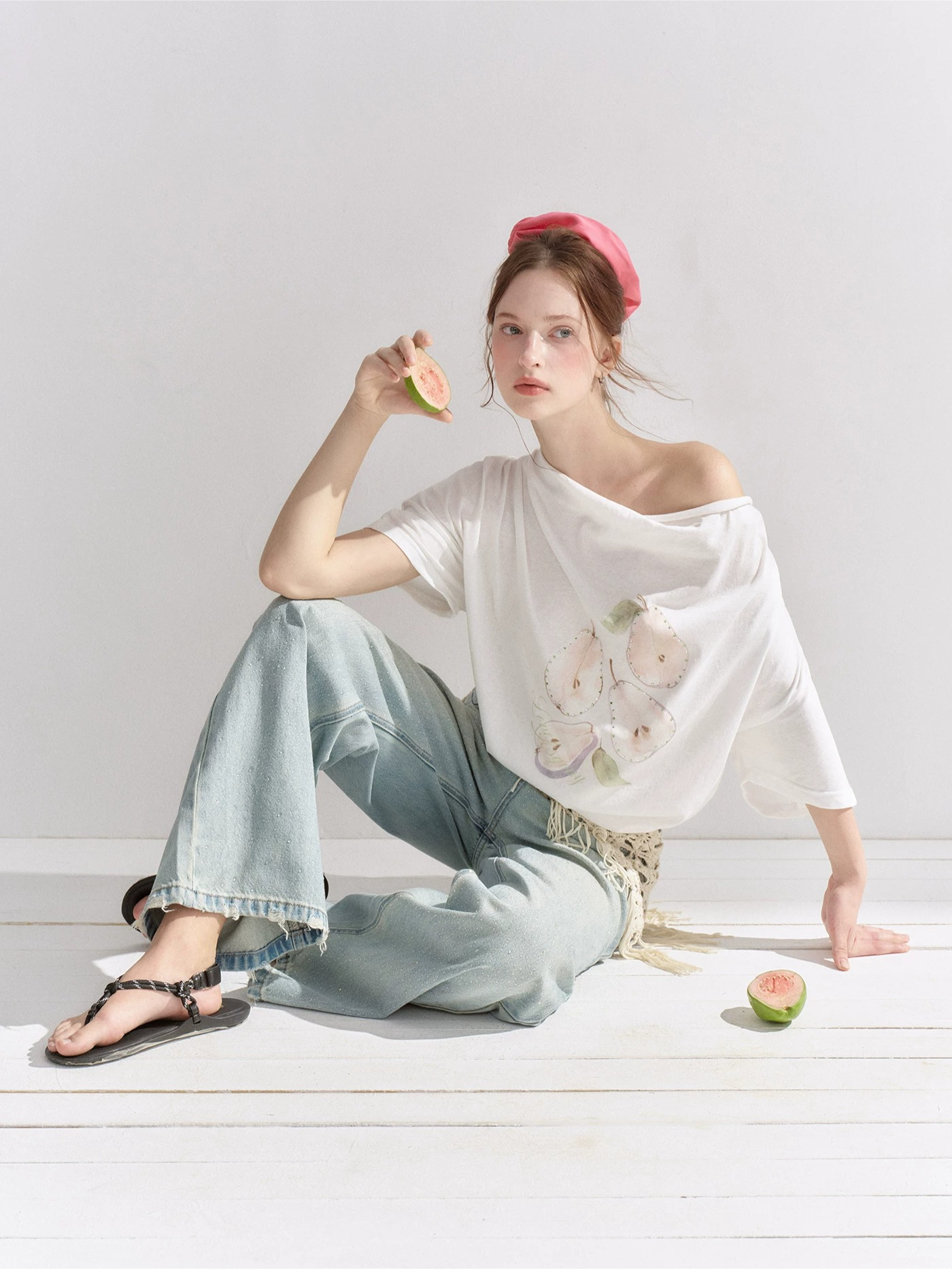Pear Embellished Draped Off-Shoulder Relaxed T-Shirt