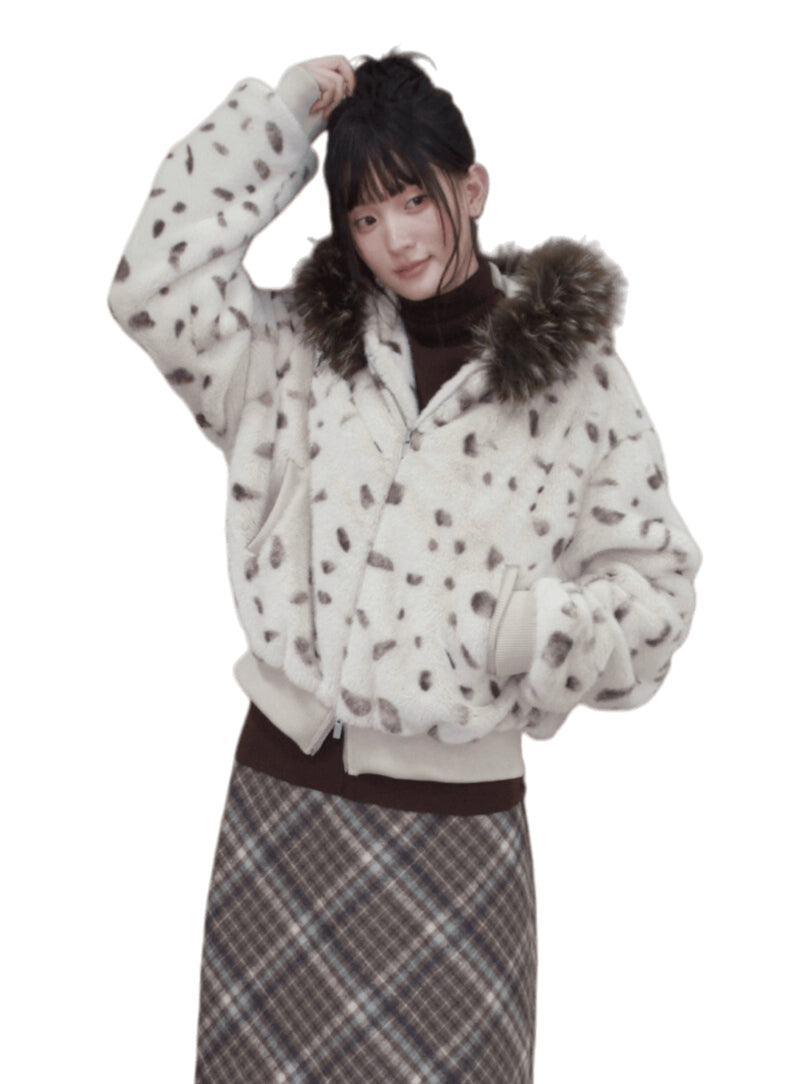 Faux Fur Hooded Zip-Up Cropped Jacket