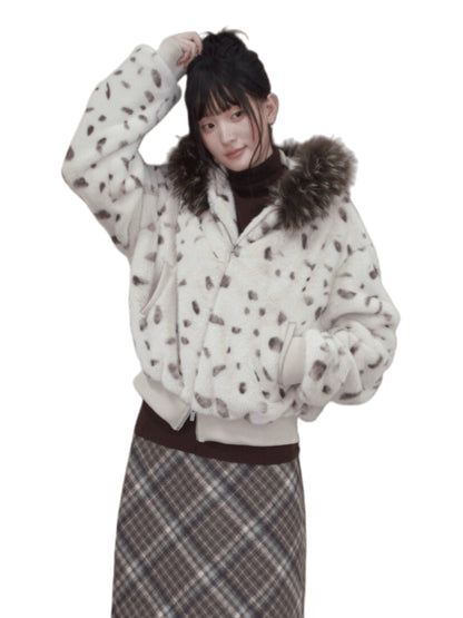 Faux Fur Hooded Zip-Up Cropped Jacket