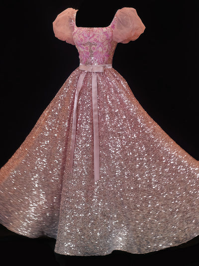 Rose Gold Embellished Puff Sleeve Ball Gown