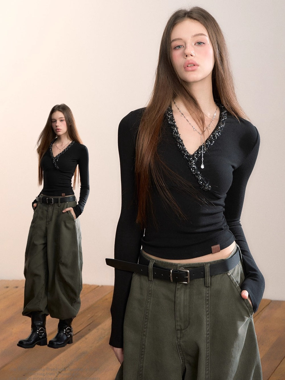 V-Neck Panelled Knit Long-Sleeve T-Shirt