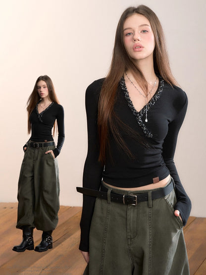 V-Neck Panelled Knit Long-Sleeve T-Shirt