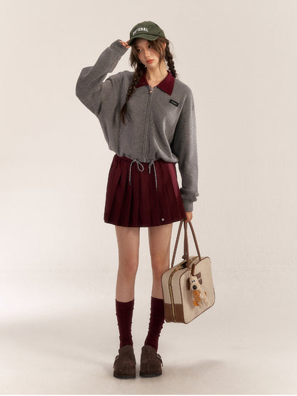 Color-Block Polo Collar Wool Knit Cardigan