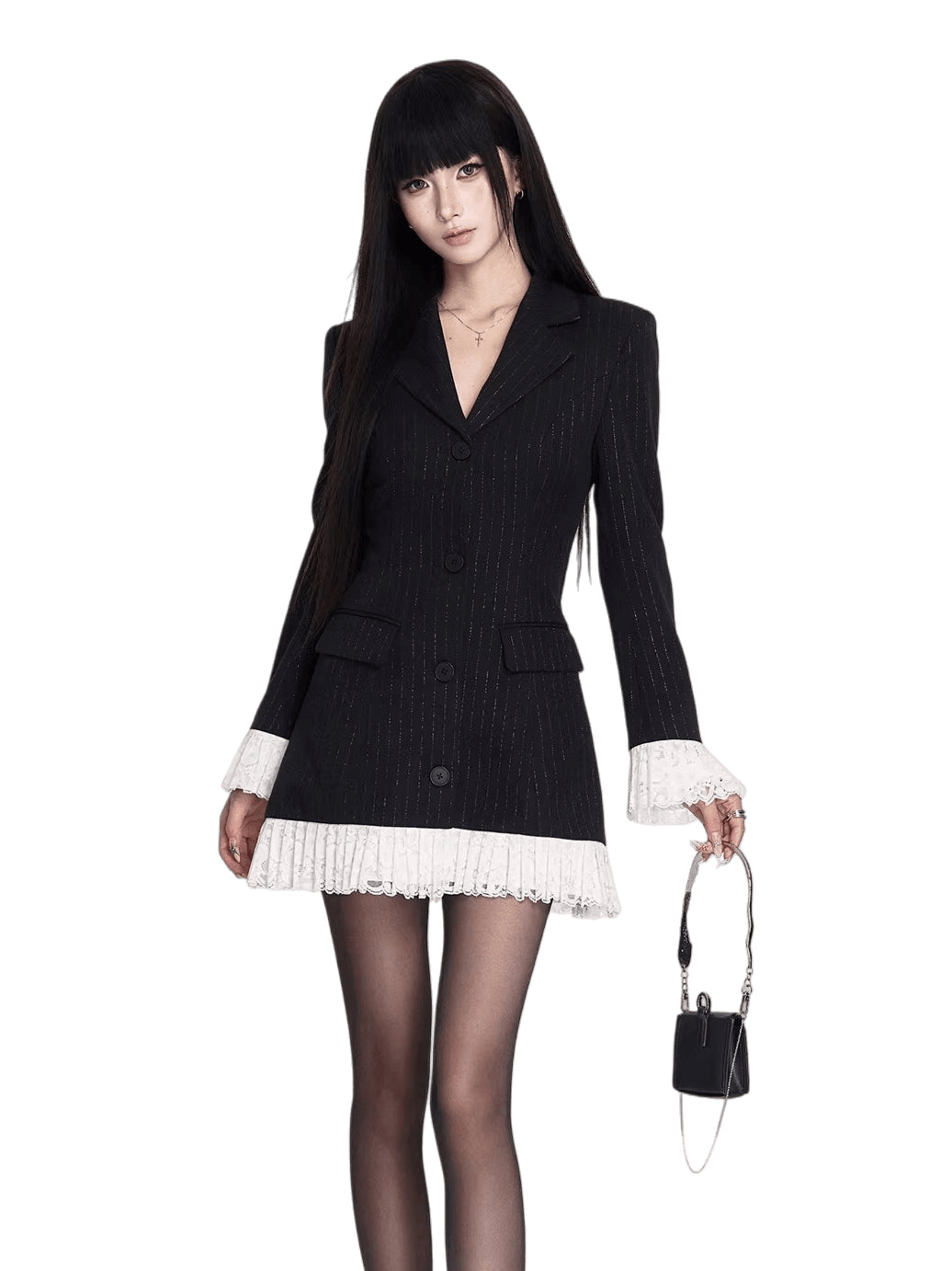 Striped Lace Faux-Layered Blazer Dress