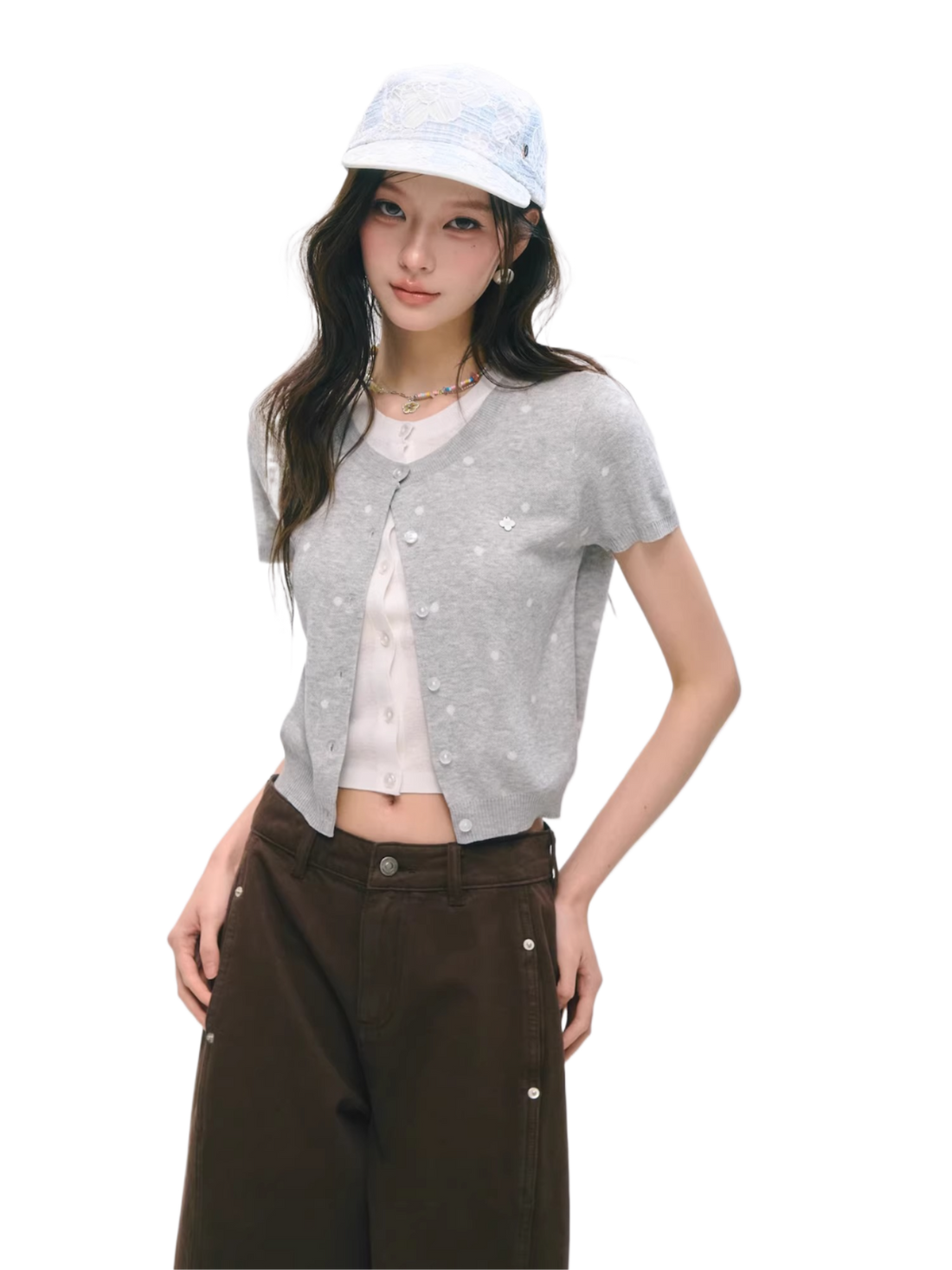 Polka Dot Layered Knit Short Sleeve Top