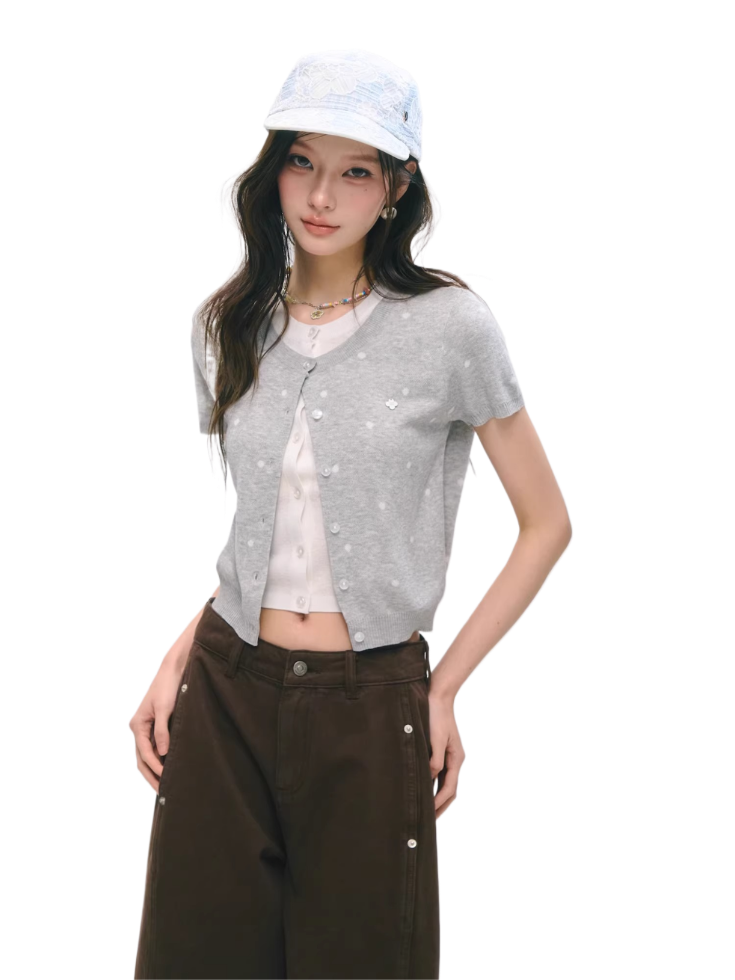 Polka Dot Layered Knit Short Sleeve Top