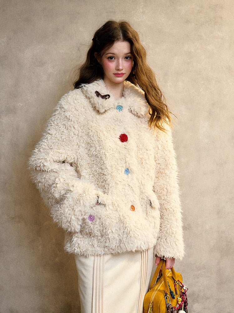 Cream Strawberry Gray-Blue Fur Jacket