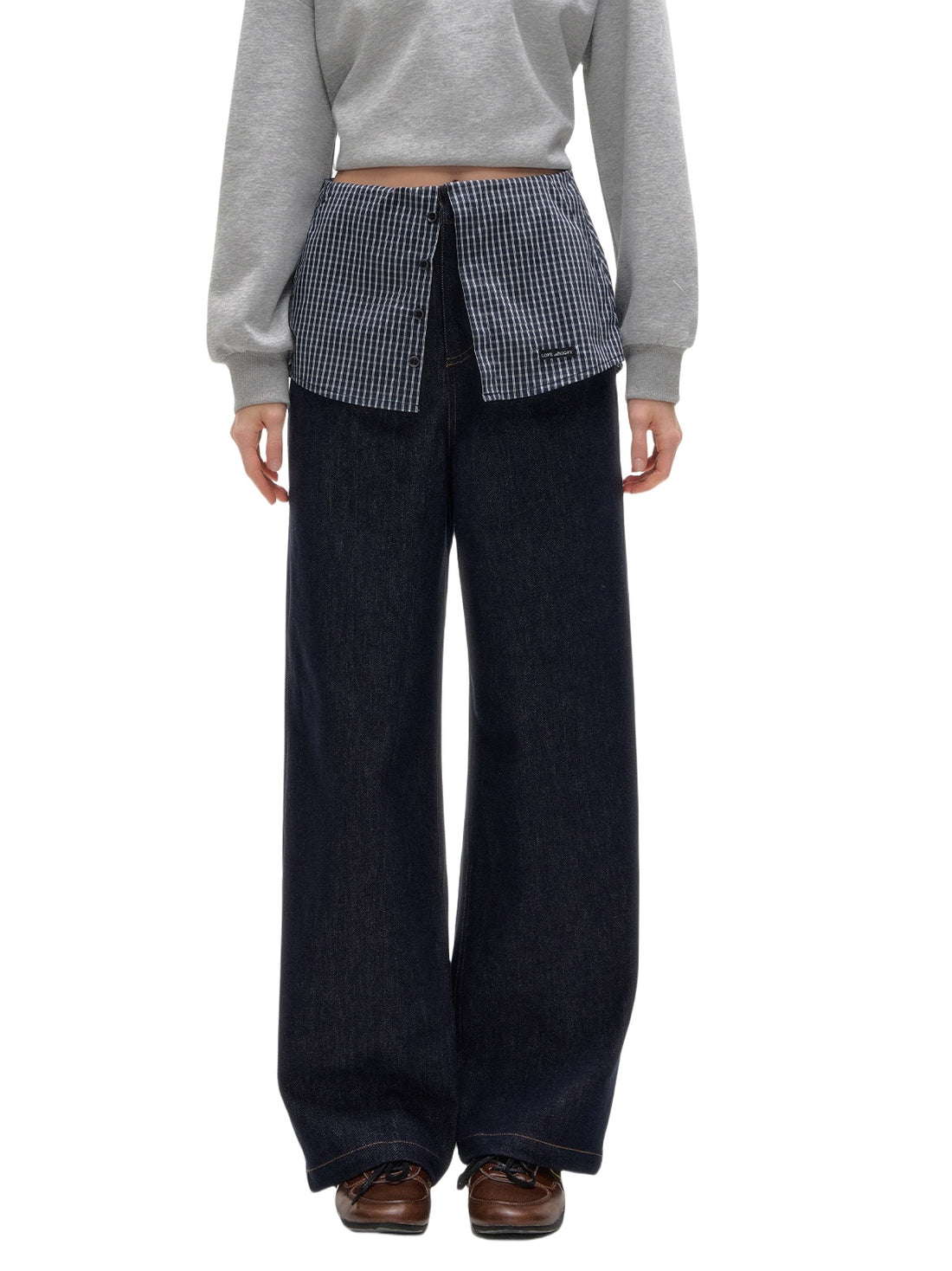 Plaid Patchwork Faux Two-Piece Straight-Leg Jeans