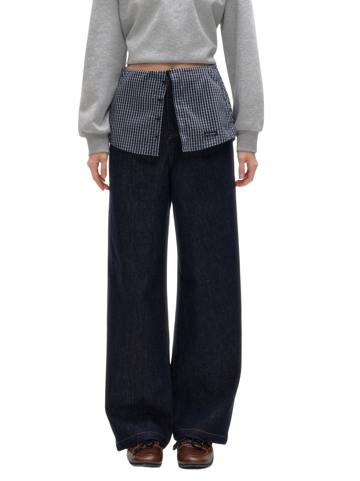 Plaid Patchwork Faux Two-Piece Straight-Leg Jeans