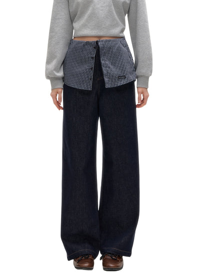 Plaid Patchwork Faux Two-Piece Straight-Leg Jeans