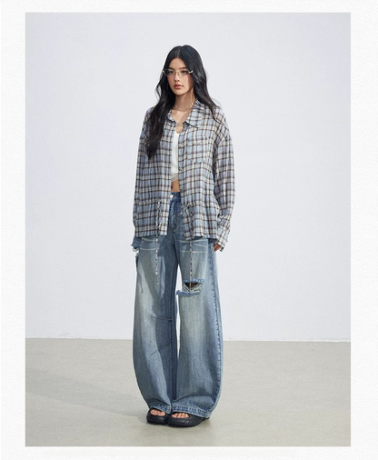 Vintage Plaid Drawstring Shirt