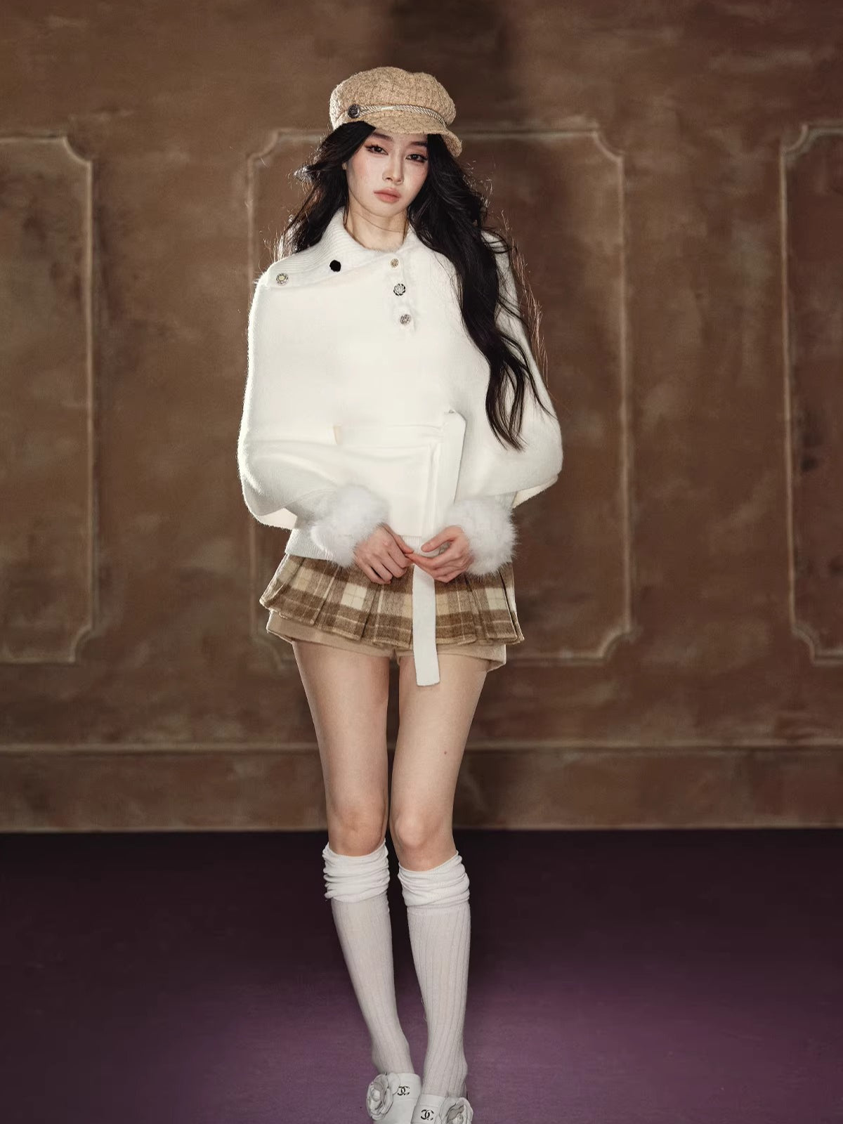 Faux Fur Base Top &amp; Waist-Cinching Cape Knit Set