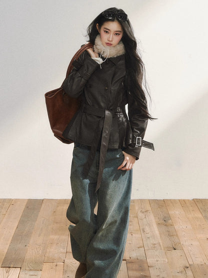 Vintage Brown Belted Faux Leather Wool Jacket