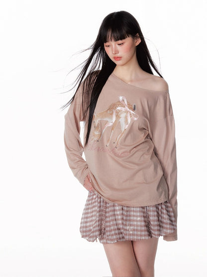 Asymmetric Deer Print Crystal-Embellished T-Shirt